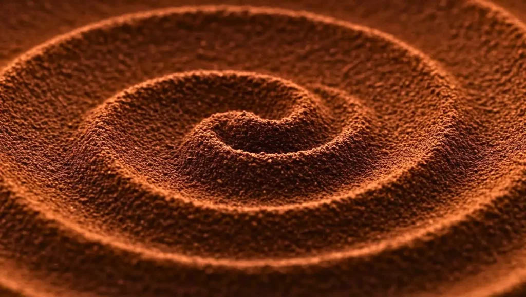 Vue macro d’un motif en spirale formé dans du marc de café, symbolisant la réutilisation innovante de déchets organiques dans la construction durable.