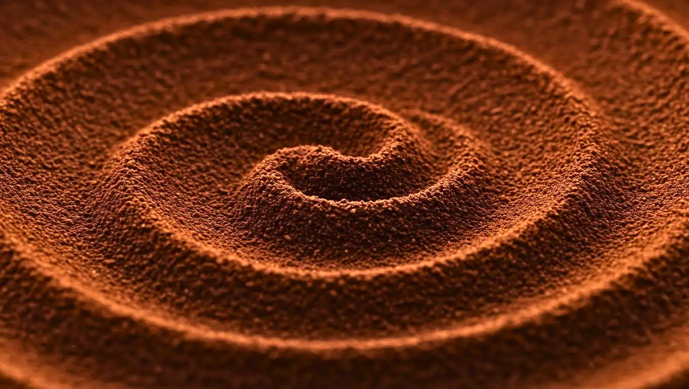 Vue macro d’un motif en spirale formé dans du marc de café, symbolisant la réutilisation innovante de déchets organiques dans la construction durable.