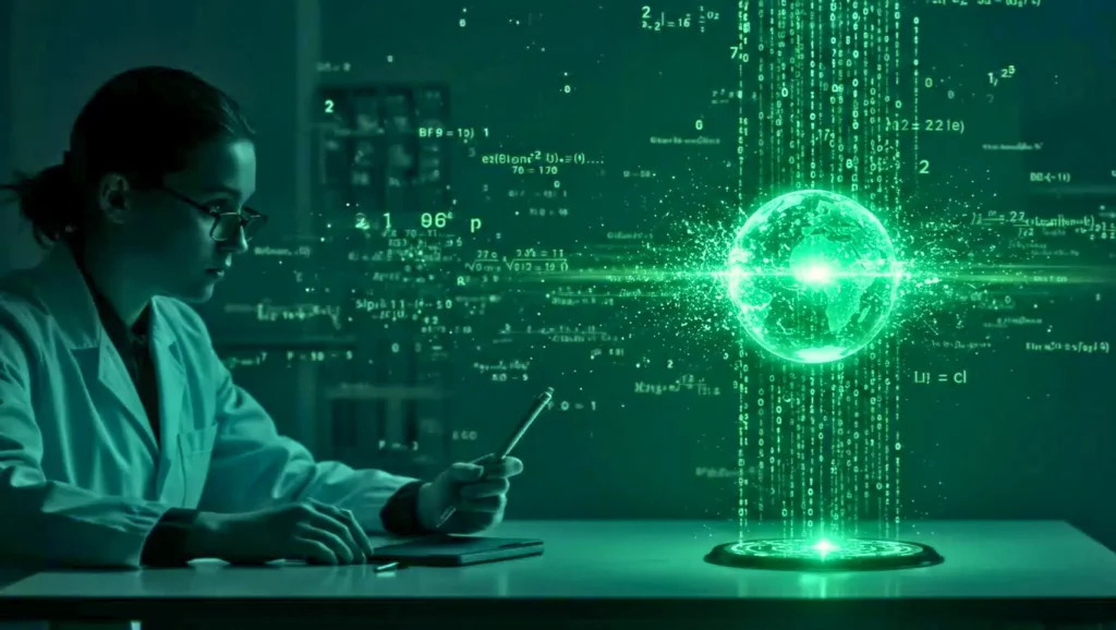 Chercheuse en blouse blanche observant un globe virtuel vert flottant au-dessus d’une table, entouré de chiffres et de formules scientifiques lumineuses.