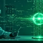 Chercheuse en blouse blanche observant un globe virtuel vert flottant au-dessus d’une table, entouré de chiffres et de formules scientifiques lumineuses.