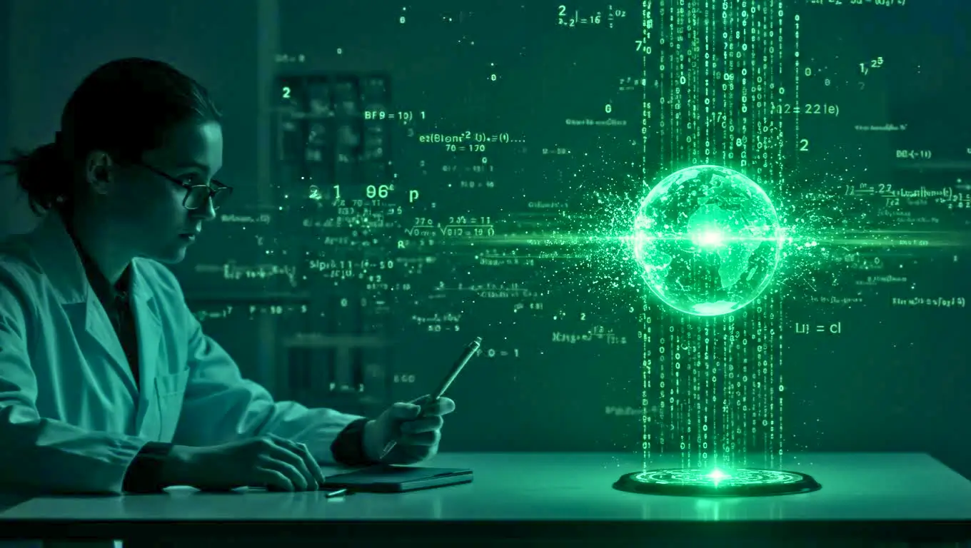 Chercheuse en blouse blanche observant un globe virtuel vert flottant au-dessus d’une table, entouré de chiffres et de formules scientifiques lumineuses.