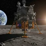 Alunisseur européen posé sur la surface de la Lune avec la Terre en arrière-plan et le Soleil à l’horizon.