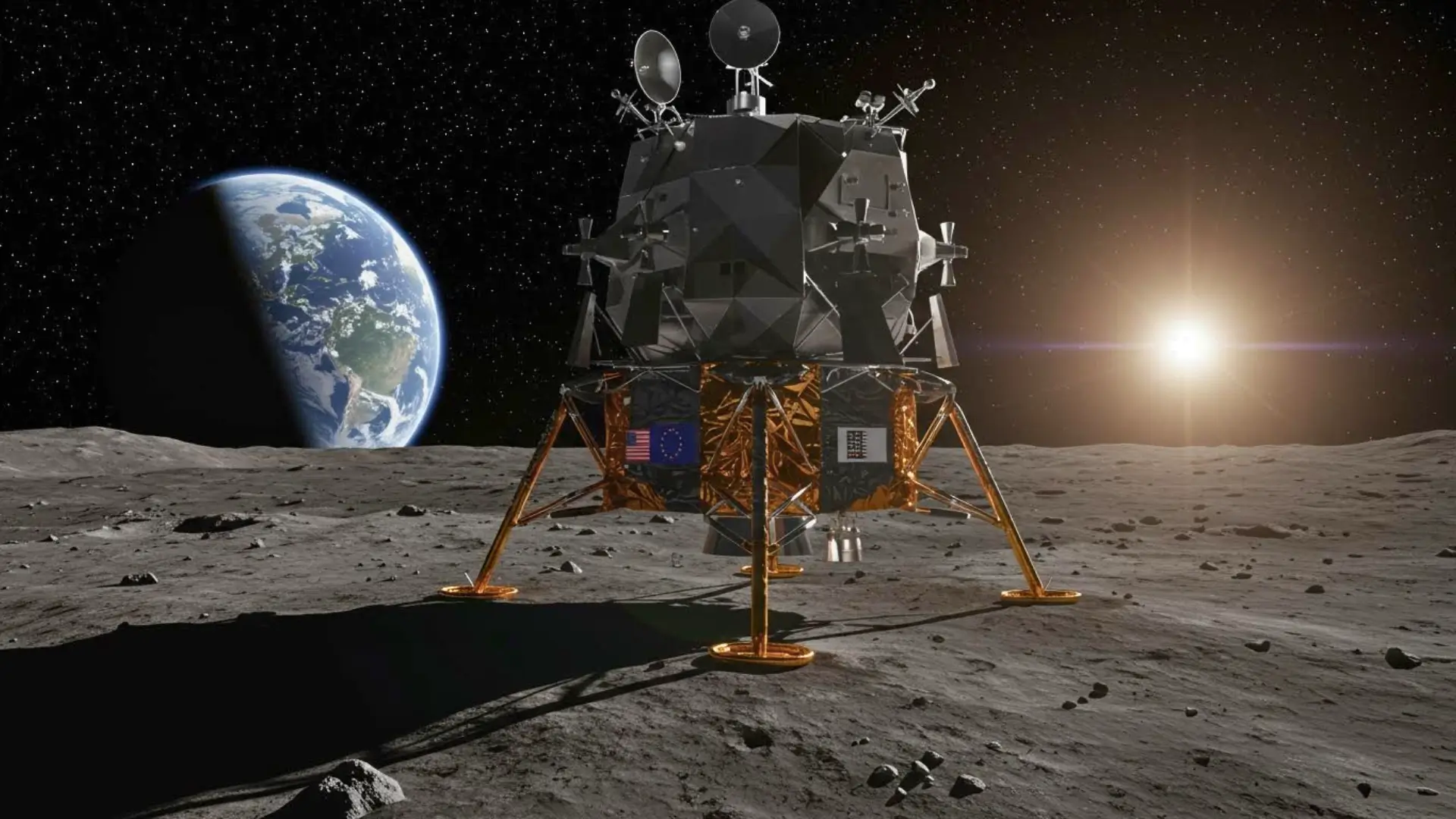 Alunisseur européen posé sur la surface de la Lune avec la Terre en arrière-plan et le Soleil à l’horizon.