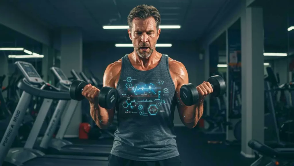 Homme s’entraînant avec deux haltères en salle de sport, illustrant les bienfaits de la musculation sur la régulation de la glycémie.