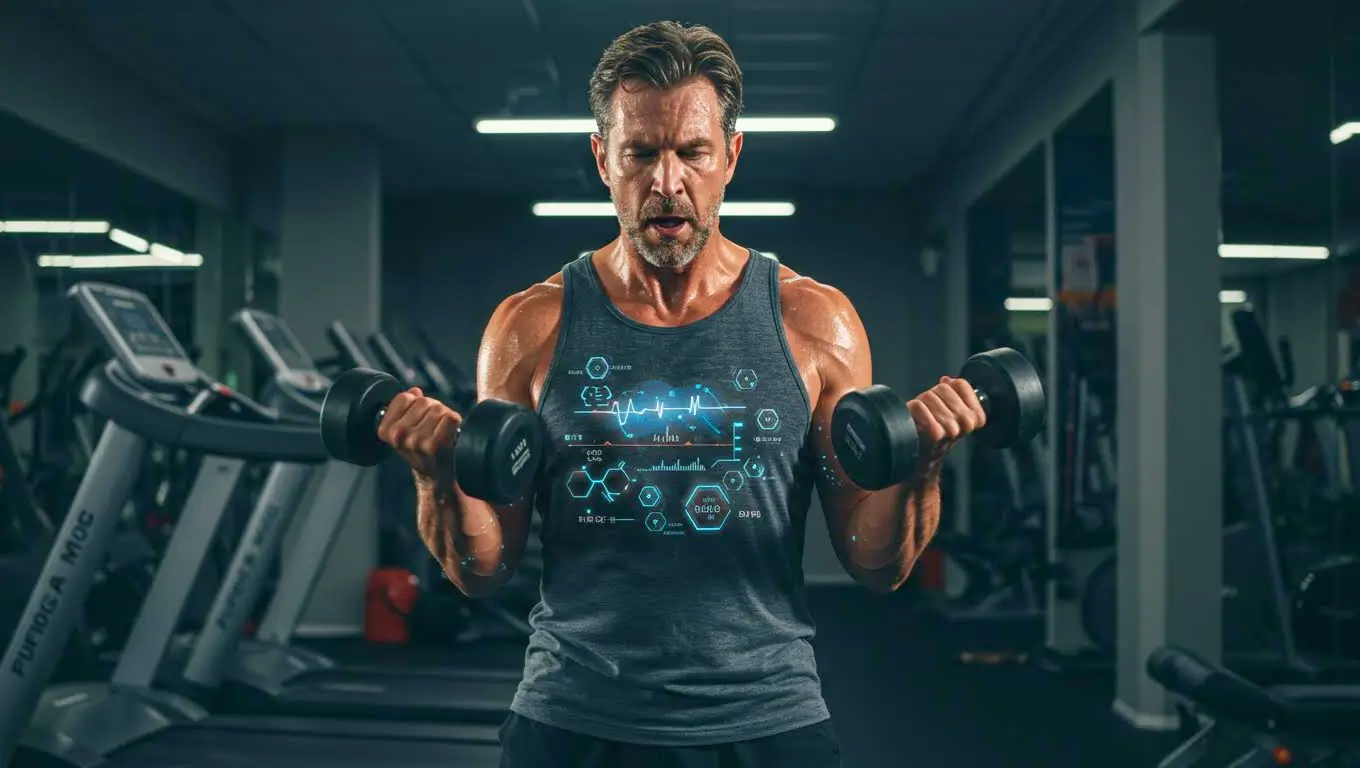 Homme s’entraînant avec deux haltères en salle de sport, illustrant les bienfaits de la musculation sur la régulation de la glycémie.