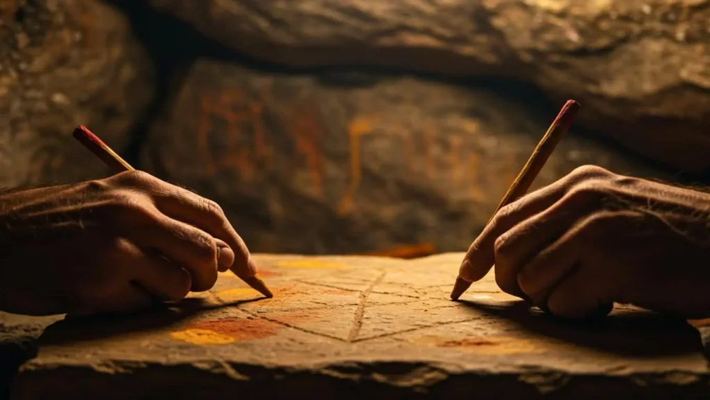 Deux mains tenant des crayons d’ocre et dessinant des formes géométriques sur une pierre, illustrant des pratiques artistiques préhistoriques attribuées à Néandertal.