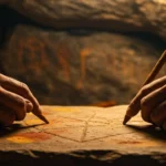 Deux mains tenant des crayons d’ocre et dessinant des formes géométriques sur une pierre, illustrant des pratiques artistiques préhistoriques attribuées à Néandertal.