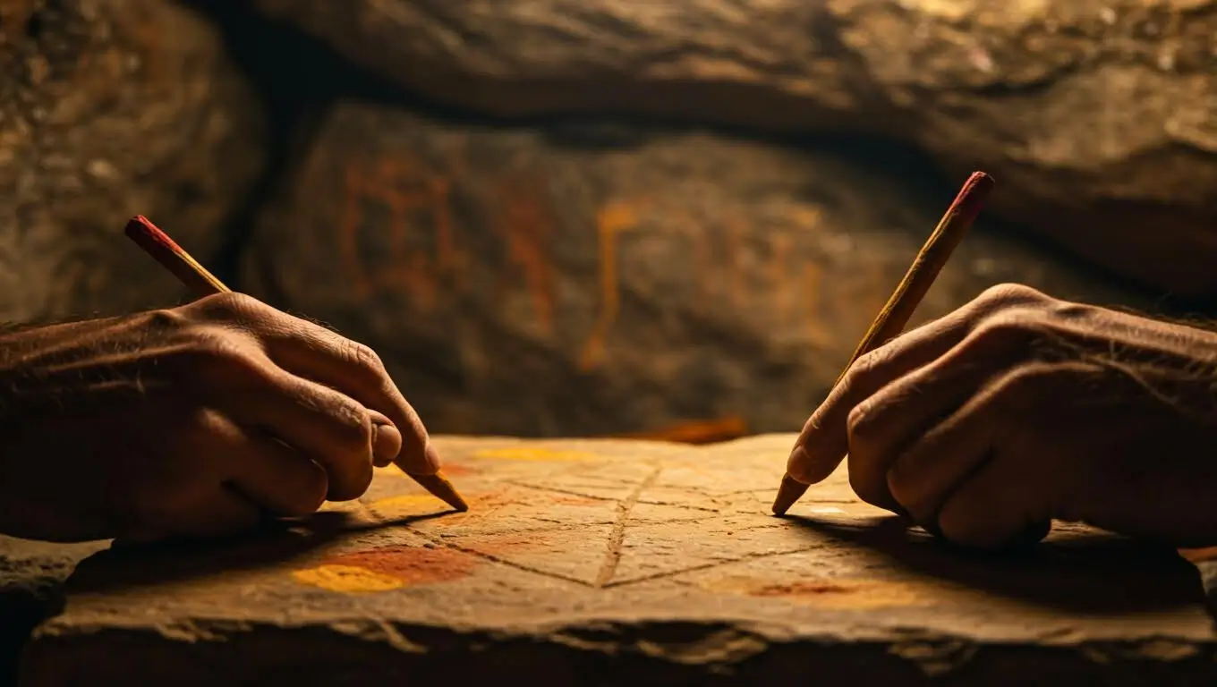 Deux mains tenant des crayons d’ocre et dessinant des formes géométriques sur une pierre, illustrant des pratiques artistiques préhistoriques attribuées à Néandertal.