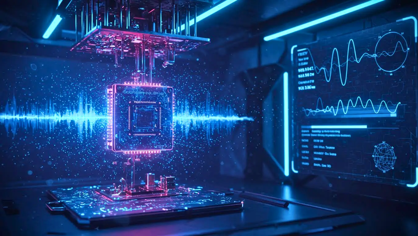 Vue futuriste d’un processeur quantique illuminé en bleu et rose, entouré de circuits et d’ondes de données symbolisant la puissance de calcul.
