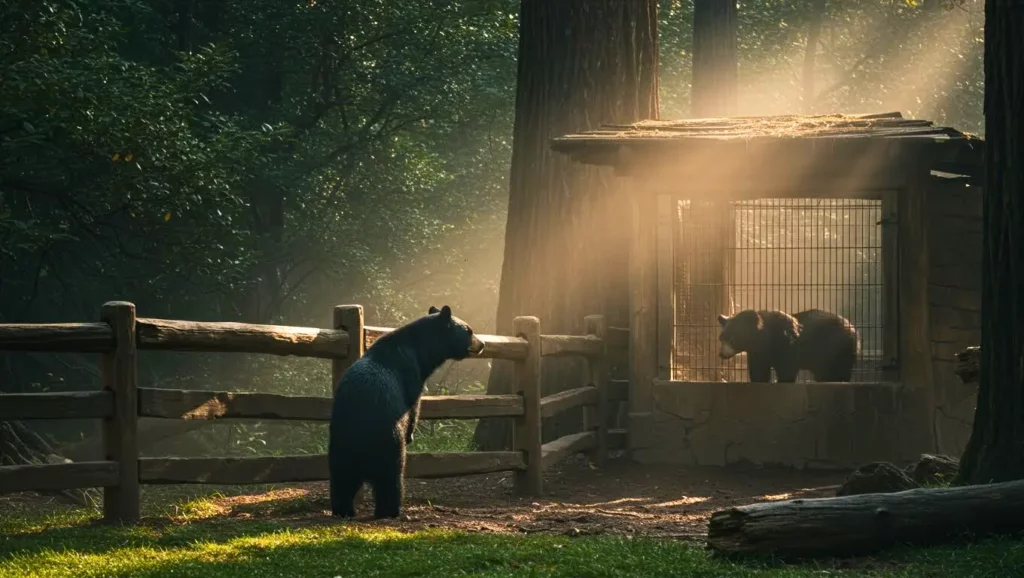Un ours noir sauvage se tient devant la clôture d’un zoo en observant un ours captif, dans une lumière douce filtrant à travers les arbres du matin.