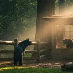 Un ours noir sauvage se tient devant la clôture d’un zoo en observant un ours captif, dans une lumière douce filtrant à travers les arbres du matin.