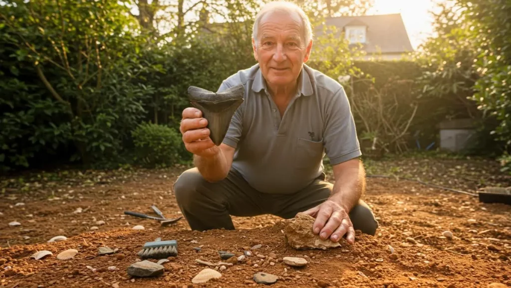 Homme âgé agenouillé dans son jardin, tenant une dent fossilisée géante de requin mégalodon, entouré de terre ocre et de petits fossiles.