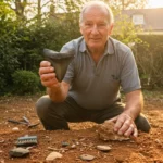 Homme âgé agenouillé dans son jardin, tenant une dent fossilisée géante de requin mégalodon, entouré de terre ocre et de petits fossiles.