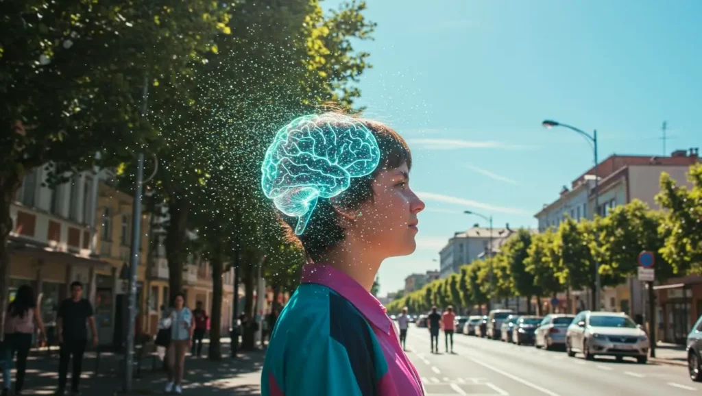 Personne de profil marchant en ville, avec une illustration numérique d’un cerveau lumineux au-dessus de la tête, symbolisant les effets de la pollution sur le cerveau.