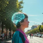 Personne de profil marchant en ville, avec une illustration numérique d’un cerveau lumineux au-dessus de la tête, symbolisant les effets de la pollution sur le cerveau.