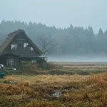 Maison traditionnelle isolée dans un paysage rural brumeux, entourée de champs et de forêt en arrière-plan