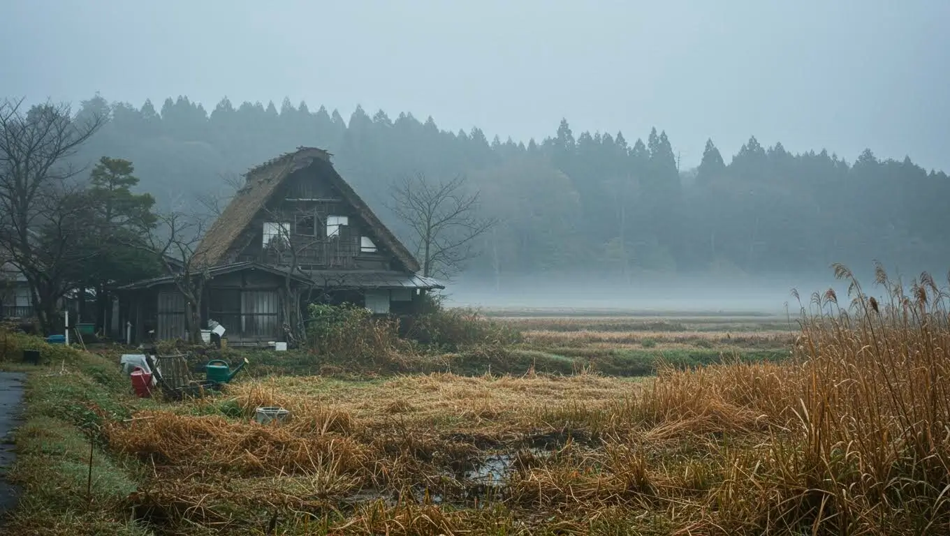 Maison traditionnelle isolée dans un paysage rural brumeux, entourée de champs et de forêt en arrière-plan