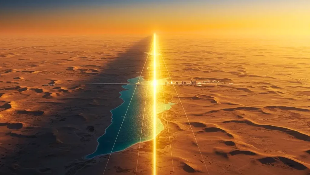 Vue aérienne du désert saoudien au coucher du soleil, avec une structure rectiligne lumineuse symbolisant le projet urbain The Line.
