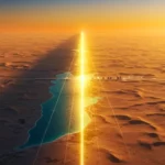 Vue aérienne du désert saoudien au coucher du soleil, avec une structure rectiligne lumineuse symbolisant le projet urbain The Line.