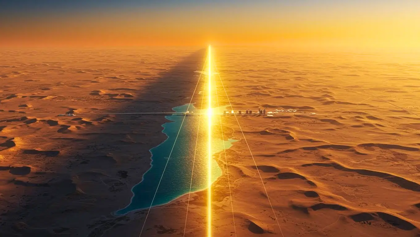 Vue aérienne du désert saoudien au coucher du soleil, avec une structure rectiligne lumineuse symbolisant le projet urbain The Line.