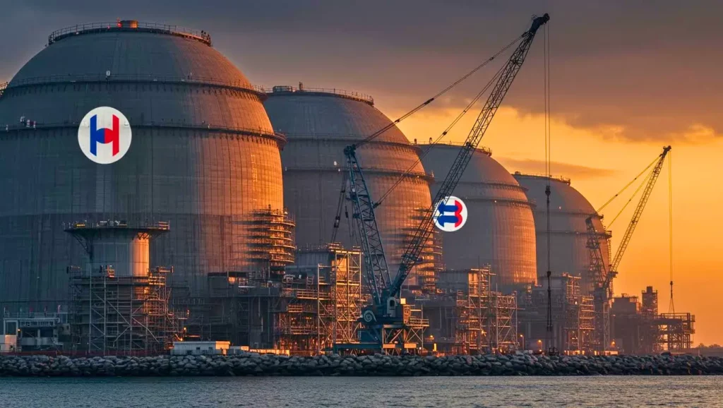 Grands réservoirs industriels en forme de dôme avec des grues autour, éclairés par un coucher de soleil orange.