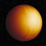 Reconstitution 3D d’une exoplanète géante gazeuse orangée, flottant dans l’espace sur un fond d’étoiles noires observée par le télescope James Webb.