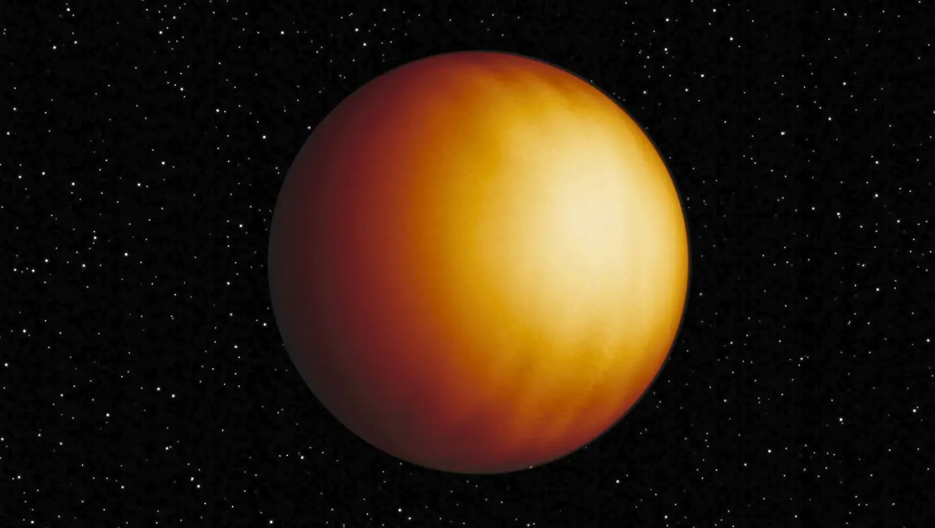 Reconstitution 3D d’une exoplanète géante gazeuse orangée, flottant dans l’espace sur un fond d’étoiles noires observée par le télescope James Webb.