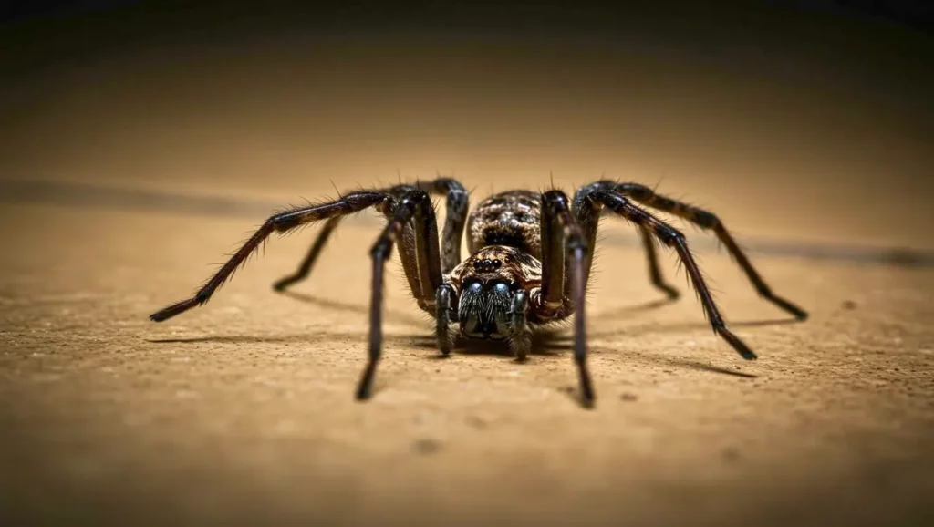 Gros plan d’une grande araignée brune avançant sur le sol, montrant ses crochets et ses pattes déployées.