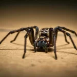 Gros plan d’une grande araignée brune avançant sur le sol, montrant ses crochets et ses pattes déployées.