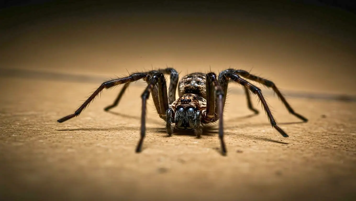 Gros plan d’une grande araignée brune avançant sur le sol, montrant ses crochets et ses pattes déployées.