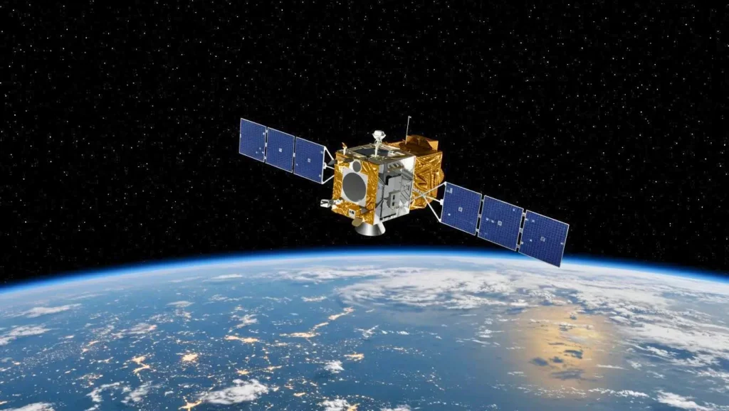 Satellite de maintenance en orbite au-dessus de la Terre vu dans l’espace, avec panneaux solaires déployés.