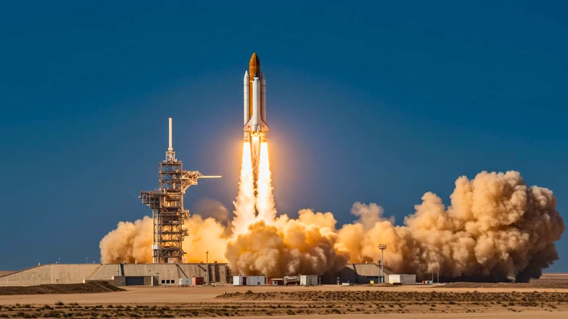 Navette spatiale décollant depuis une rampe de lancement avec un panache de fumée et de flammes