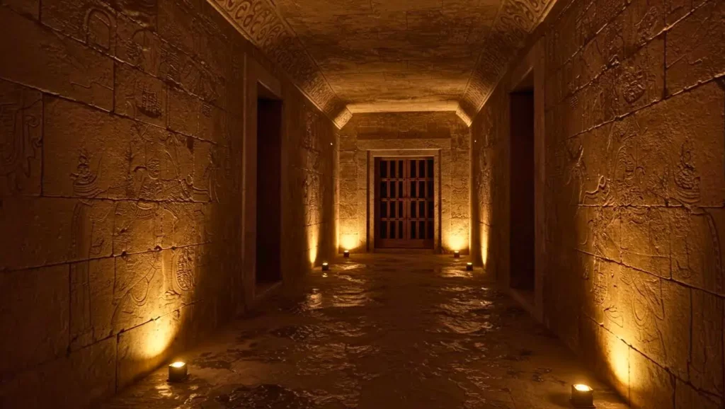 Couloir ancien en pierre, éclairé au sol, avec des murs gravés de symboles menant à une porte en bois.