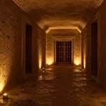 Couloir ancien en pierre, éclairé au sol, avec des murs gravés de symboles menant à une porte en bois.