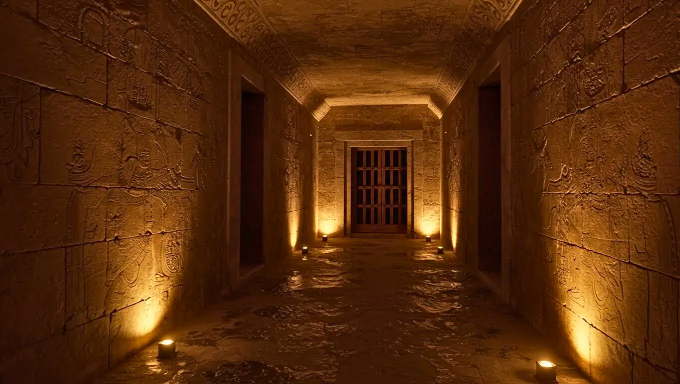 Couloir ancien en pierre, éclairé au sol, avec des murs gravés de symboles menant à une porte en bois.