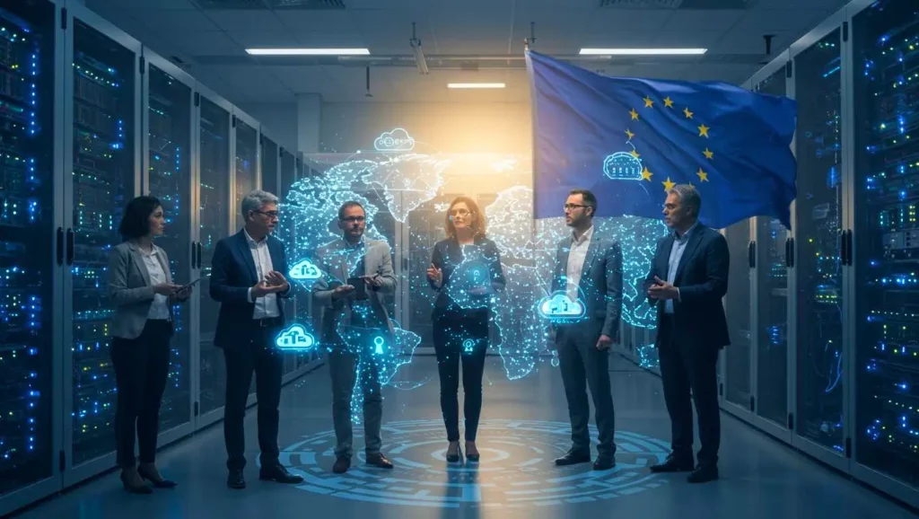 Groupe d’experts en cybersécurité et technologies numériques discutant dans un centre de données européen, avec la carte du monde projetée en hologramme et le drapeau de l’Union européenne en arrière-plan.