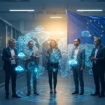 Groupe d’experts en cybersécurité et technologies numériques discutant dans un centre de données européen, avec la carte du monde projetée en hologramme et le drapeau de l’Union européenne en arrière-plan.