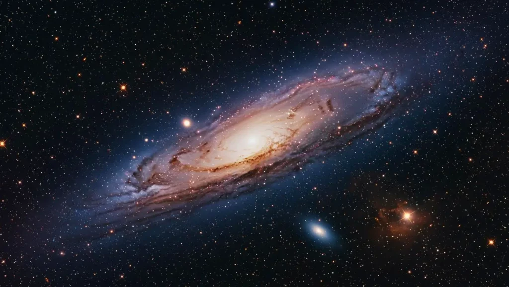 Image haute résolution d’une galaxie spirale entourée d’étoiles et de poussières cosmiques, illustrant les recherches récentes sur la forme et les limites de l’Univers.