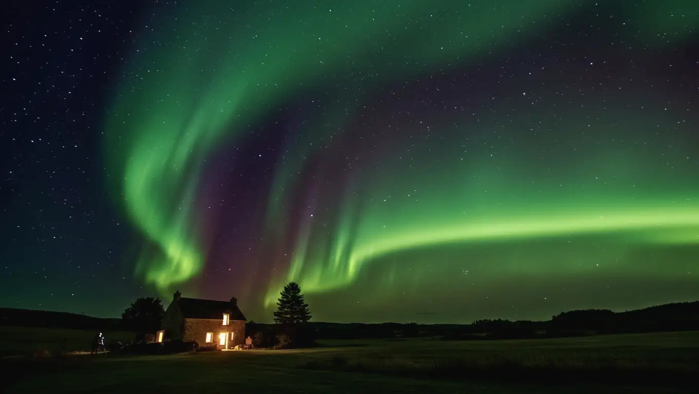 Spectaculaire aurore boréale verte et violette illuminant le ciel nocturne au-dessus d’une maison isolée, après la tempête solaire du 7 novembre.