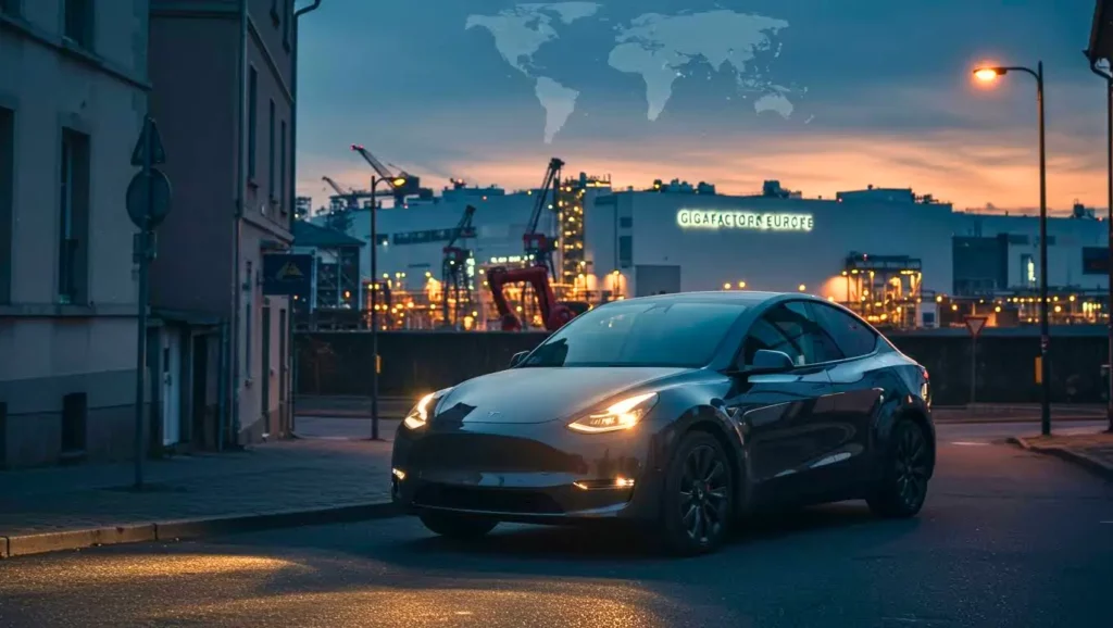 Voiture Tesla garée en ville au crépuscule, avec la Gigafactory en arrière-plan éclairée, symbolisant la présence industrielle du constructeur.