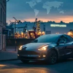 Voiture Tesla garée en ville au crépuscule, avec la Gigafactory en arrière-plan éclairée, symbolisant la présence industrielle du constructeur.