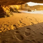 Empreintes de pas dans le sable à l’intérieur d’une grotte ouvrant sur une plage au coucher du soleil.