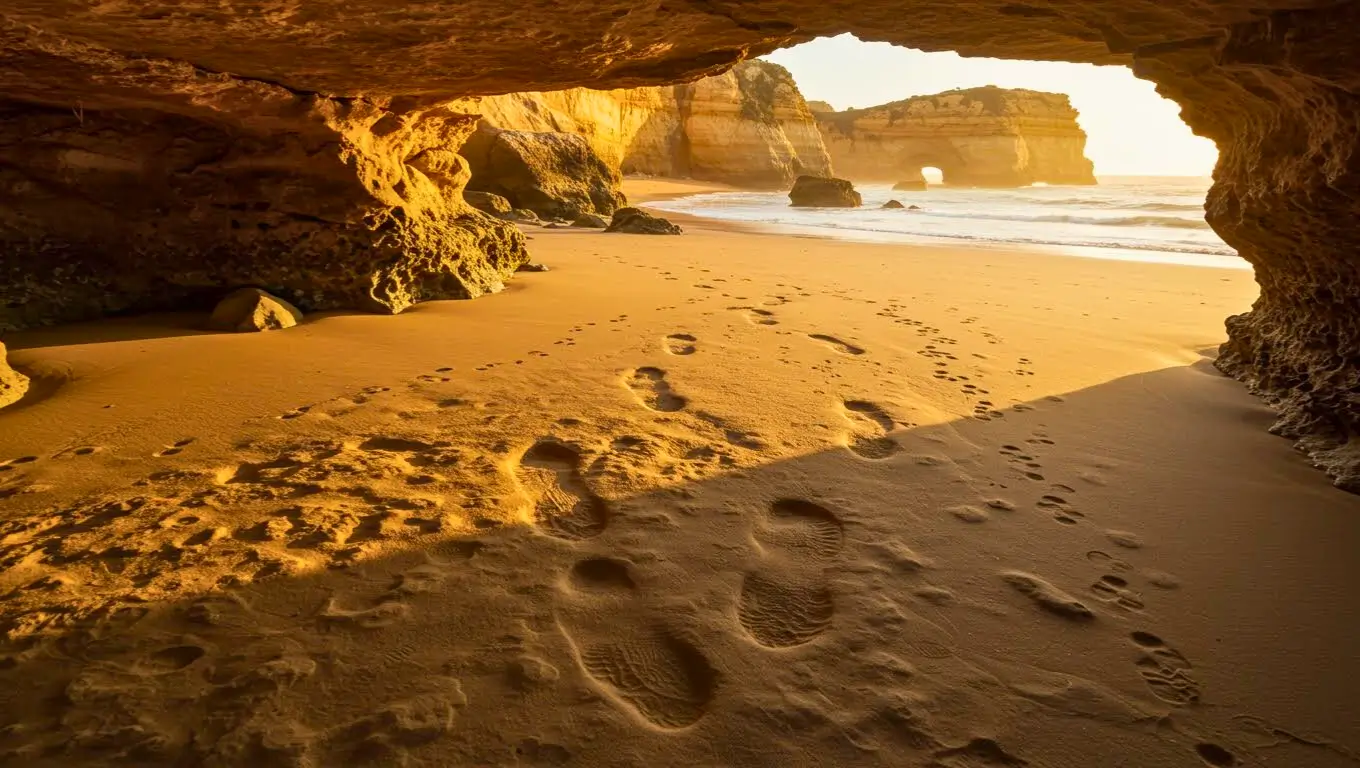 Empreintes de pas dans le sable à l’intérieur d’une grotte ouvrant sur une plage au coucher du soleil.