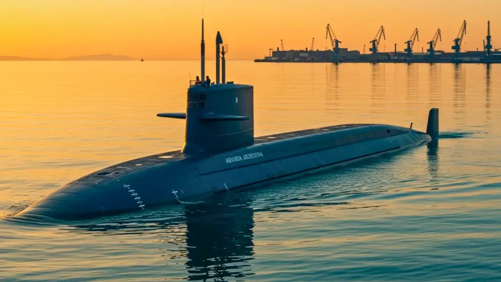 Sous-marin naviguant en surface au coucher du soleil, avec un port industriel et des grues en arrière-plan.