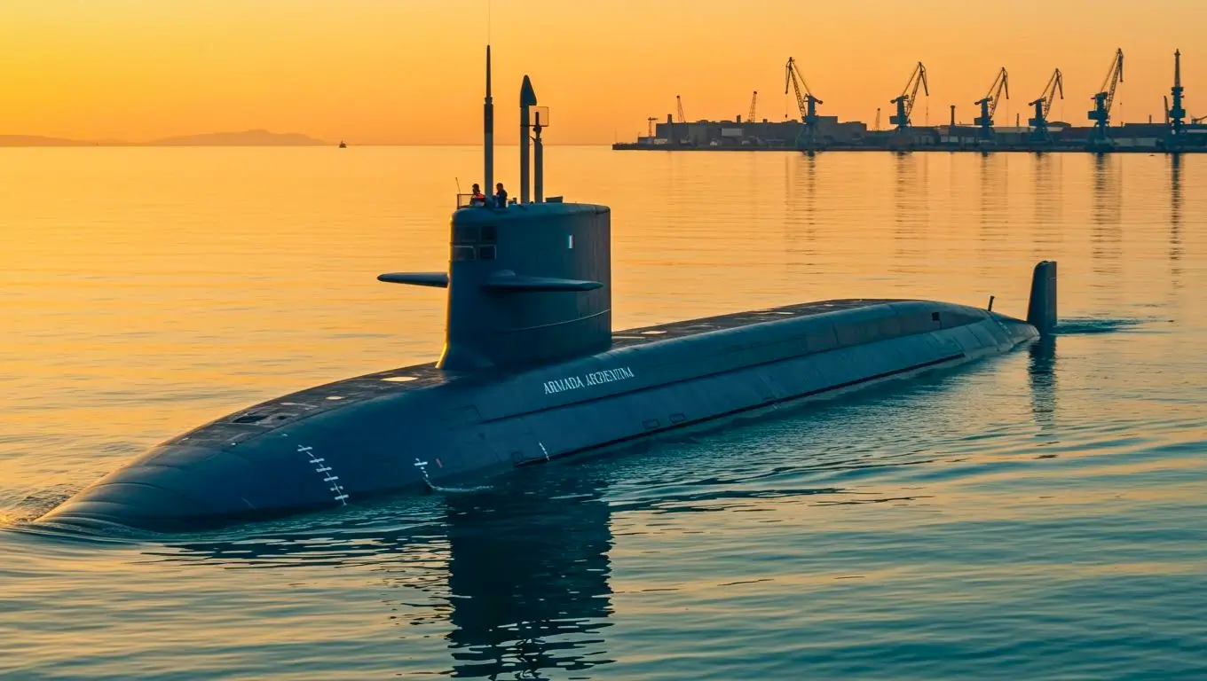 Sous-marin naviguant en surface au coucher du soleil, avec un port industriel et des grues en arrière-plan.