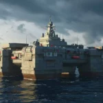 Plateforme chinoise massive et semi-submersible flottant en haute mer sous un ciel nuageux, dotée de structures blindées et d’équipements techniques.