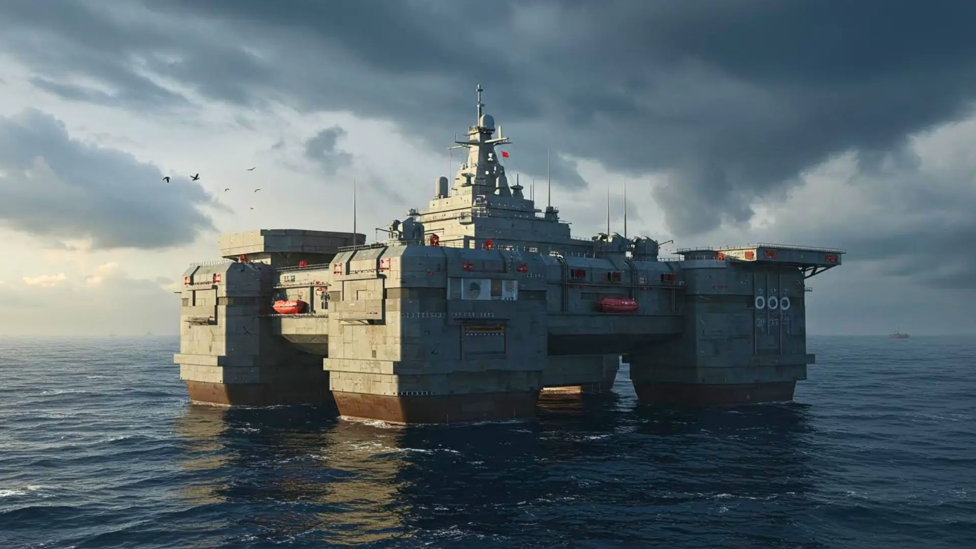 Plateforme chinoise massive et semi-submersible flottant en haute mer sous un ciel nuageux, dotée de structures blindées et d’équipements techniques.