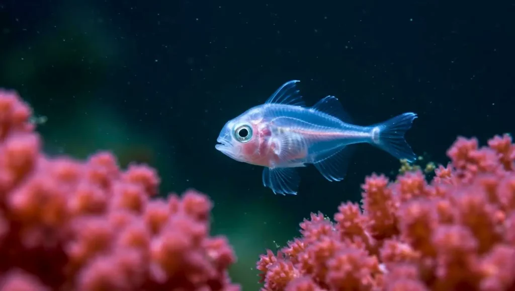 Poisson fantôme translucide nageant au-dessus de coraux roses dans les profondeurs marines.