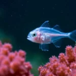 Poisson fantôme translucide nageant au-dessus de coraux roses dans les profondeurs marines.
