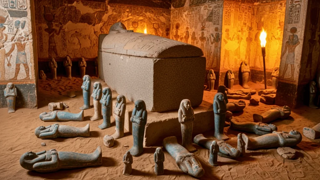 Sarcophage égyptien entouré de figurines funéraires dans une tombe décorée